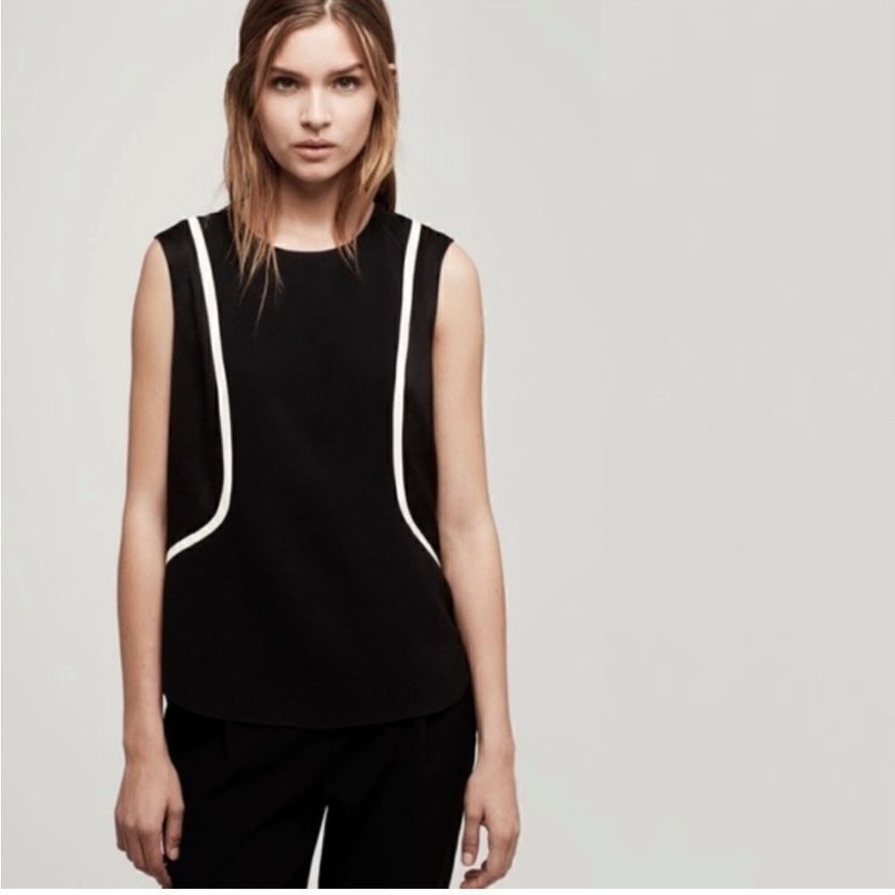 Rag & Bone Andrea Tuxedo Blouse, Sleeveless, Black + Cream, Back 1/4 Zip, NYC.